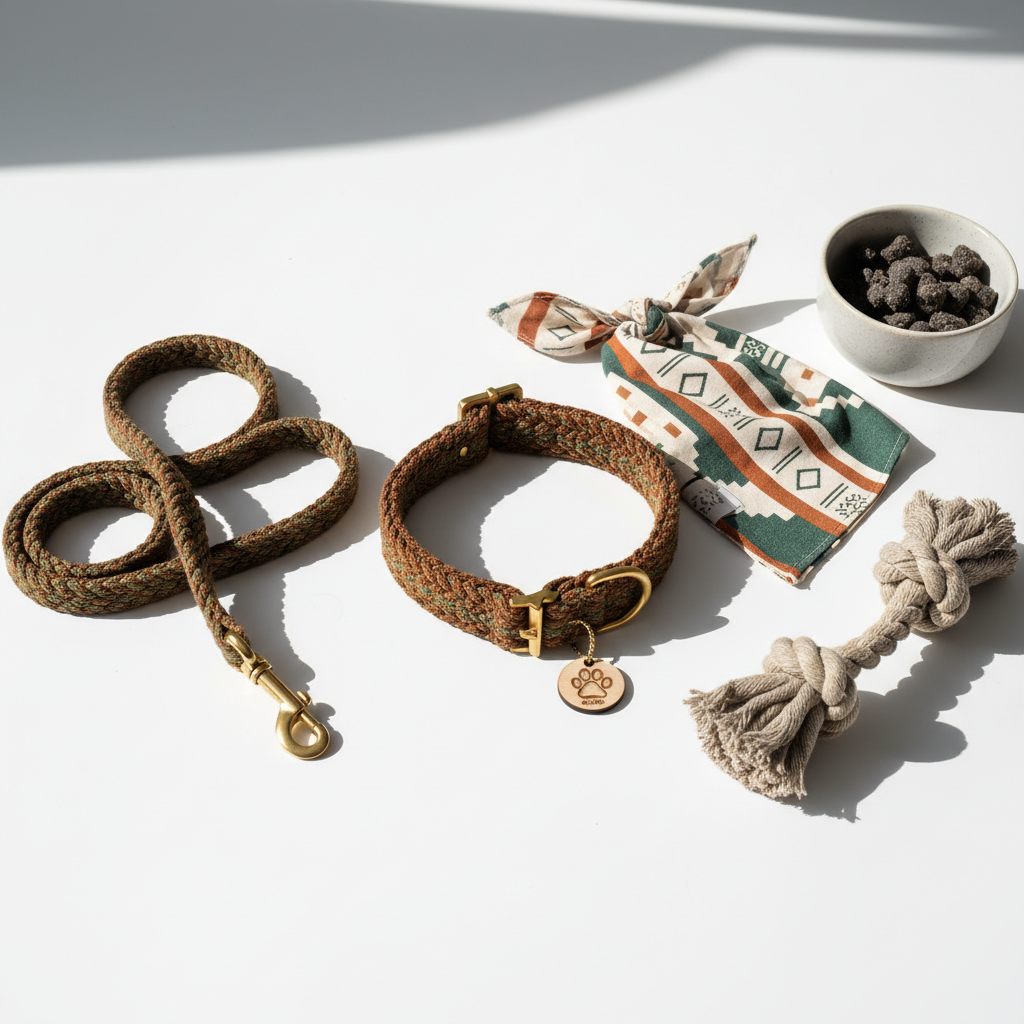 Premium dog collar, leash, and bandana set in earthy tones