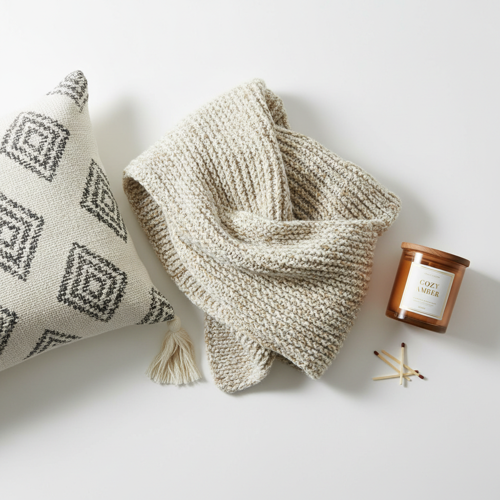 Cozy throw blanket, scented candle, and decorative pillow in warm neutral tones