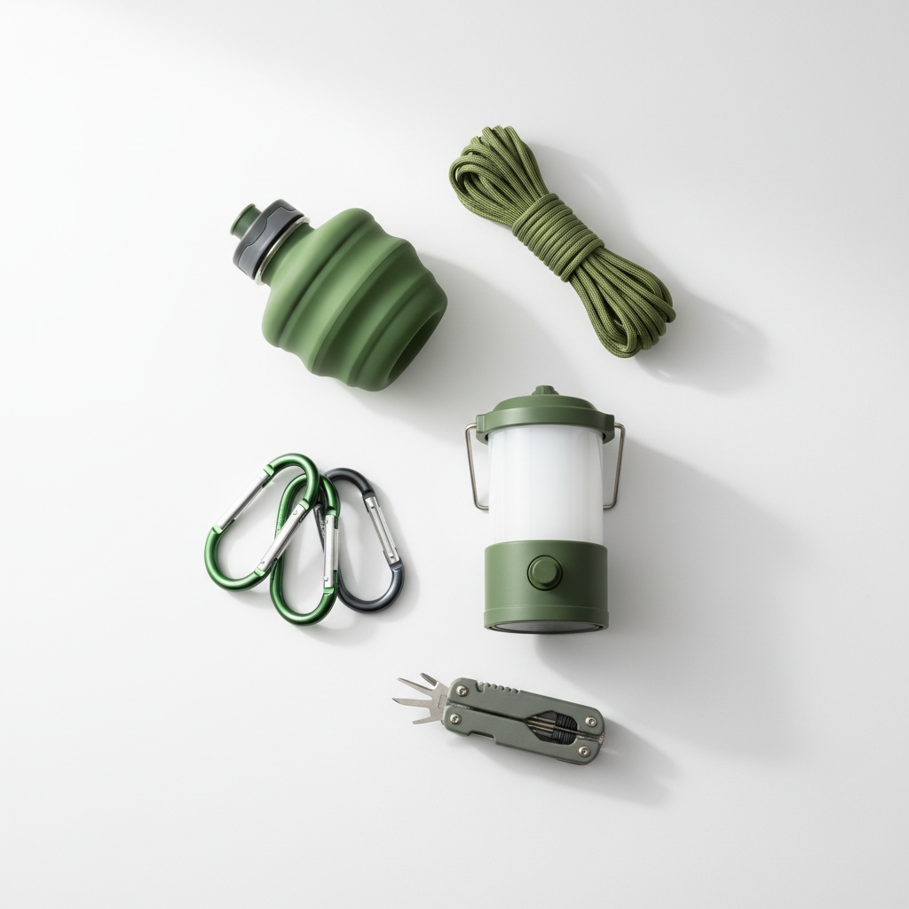 Compact camping lantern, carabiner clips, and foldable water bottle outdoor gear set